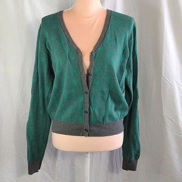 cAbi Retro Green Polka Dot Grey Trim Button Front Knit Cardigan Large - Picture 9 of 16